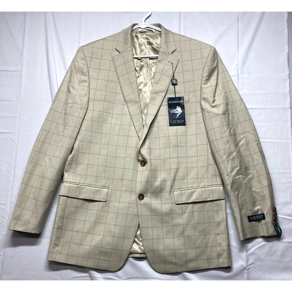 Lauren Ralph Lauren Blazer Jacket Mens 42L Sand Windowpane Stretch Notch Lapel